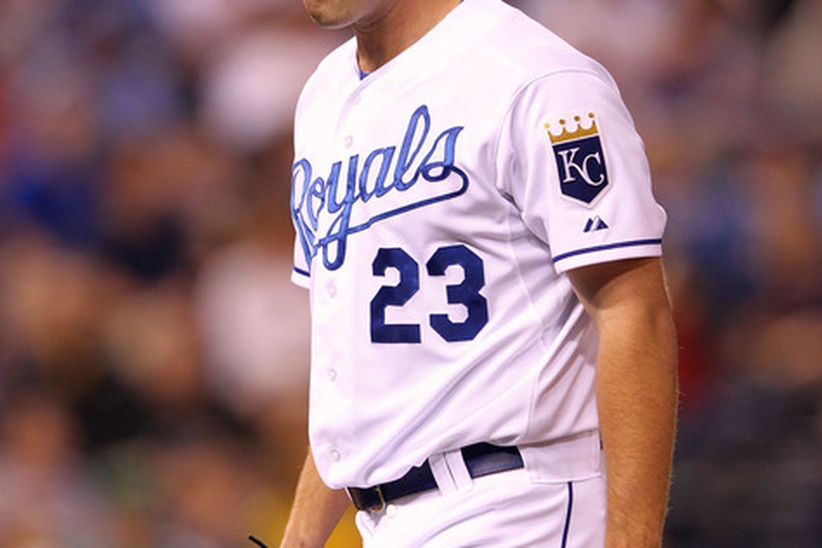 KANSAS CITY, MO - MAY 08:  Starting pitcher Danny Duffy #23 of the Kansas City Royals reacts as he is pulled from the game against the Boston Red Sox on May 8, 2012 at Kauffman Stadium in Kansas City, Missouri.  (Photo by Jamie Squire/Getty Images)