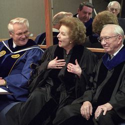 President Merrill J. Bateman and President Gordon B. Hinckley sit with Margaret Thatcher before Mrs. Thatcher receives an honorary doctorate, March 5, 1996.