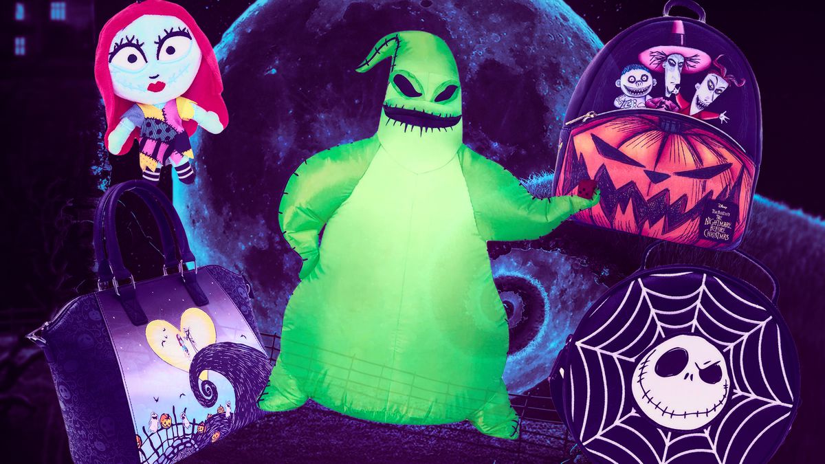 A collection of Nightmare Before Christmas products from Hot Topic, all on a background of the spiral hill from the movie