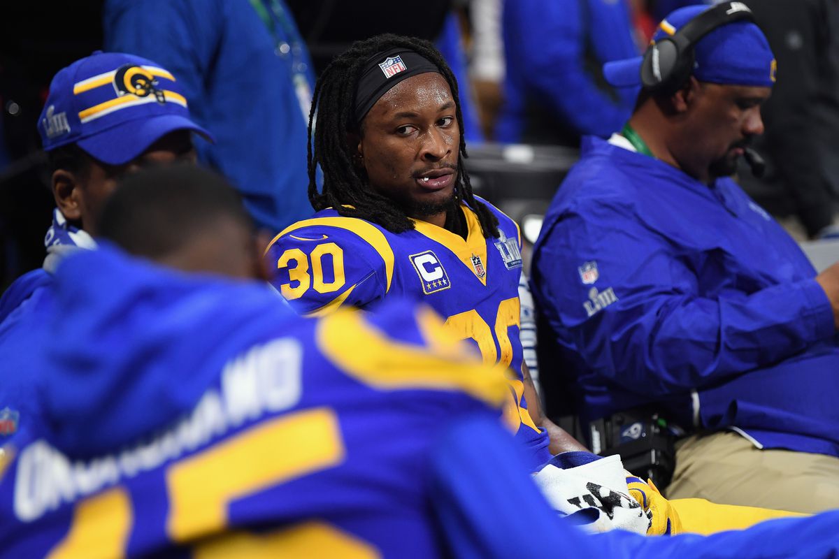 Los Angeles Rams RB Todd Gurley on the bench during Super Bowl LIII against the New England Patriots, Feb. 3, 2019.