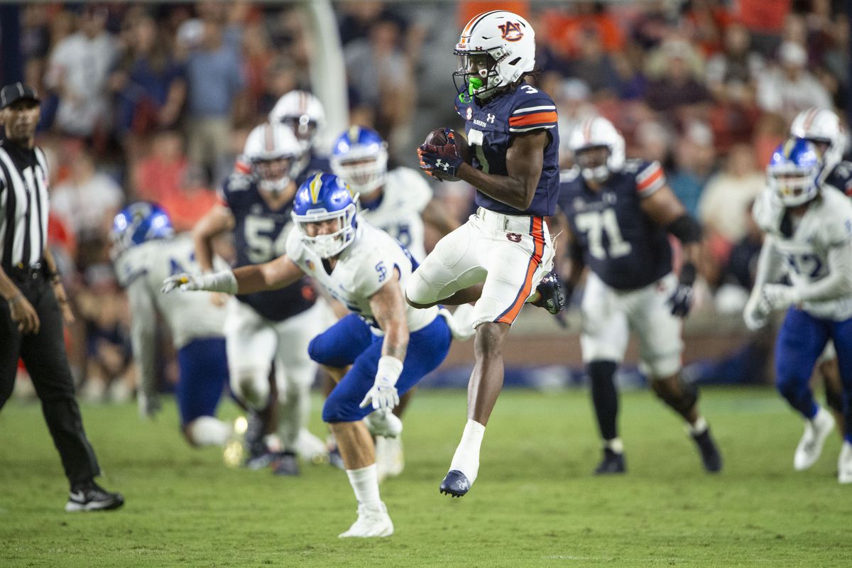 Wide receiver Tar’Varish Dawson Jr. #3 of the Auburn Tigers catches a pass during the second half of their game against the San Jose State Spartans at Jordan-Hare Stadium on September 10, 2022 in Auburn, Alabama.