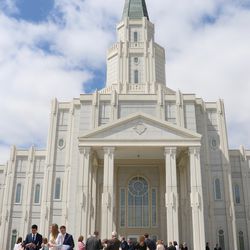 Participants in the April 22, 2018, rededication of the Houston Texas Temple file out of the temple following the ceremony.