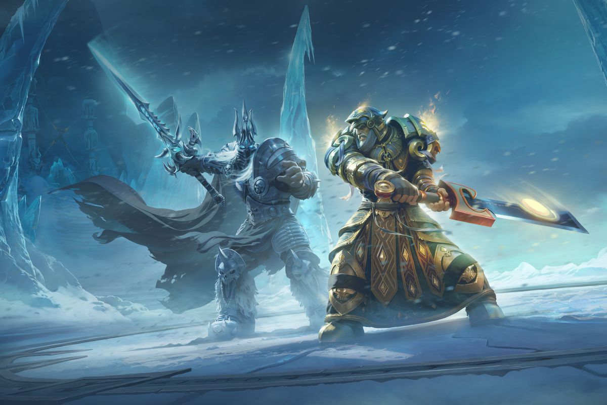 Artwork showing Arthas and Tirion fighting in the Wrath of the Lich King expansion for World of Warcraft