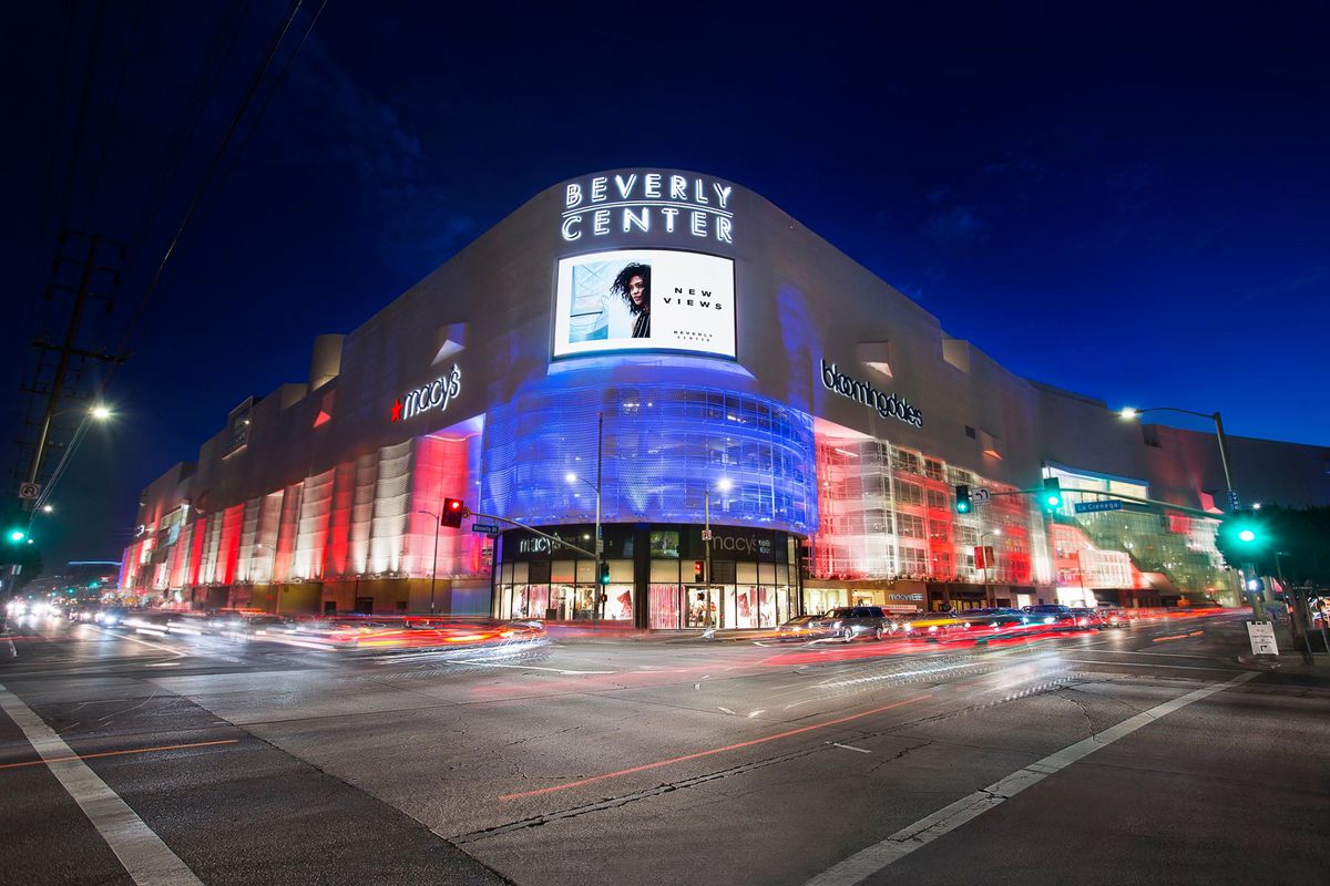 Beverly Center shopping plaza night lit up