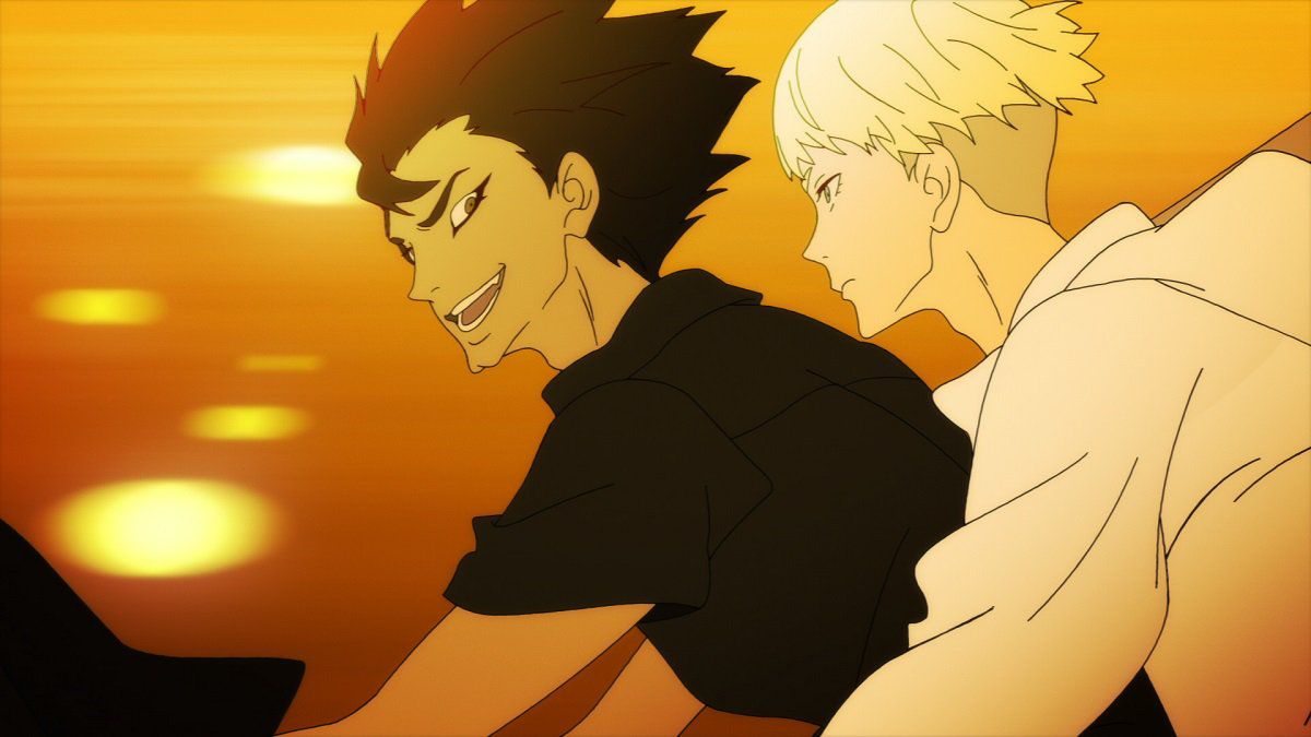 Two young men sit on a motorcycle together in Devilman Crybaby. One looks back at the other and smiles