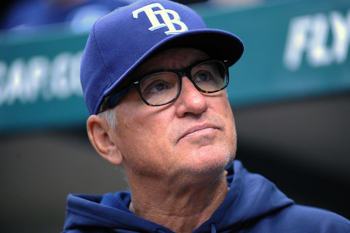 ST. PETERSBURG, FL: Manager Joe Maddon of the Tampa Bay Rays watches batting practice before play against the New York Yankees at Tropicana Field in St. Petersburg, Florida.  (Photo by Al Messerschmidt/Getty Images)