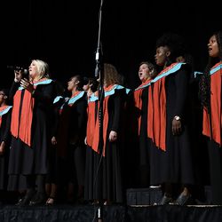 Tierra Custer (center left) and other members of The Debra Bonner Unity Gospel Choir, an independent LDS choir, perform "Calvary" during the 109th NAACP Annual Convention at the Henry B. González Convention Center in San Antonio on Sunday, July 15, 2018.