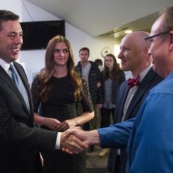 Rep. Jason Chaffetz, R-Utah, greets constituents during the Utah GOP election night party at Rice-Eccles Stadium in Salt Lake City on Tuesday, Nov. 8, 2016.