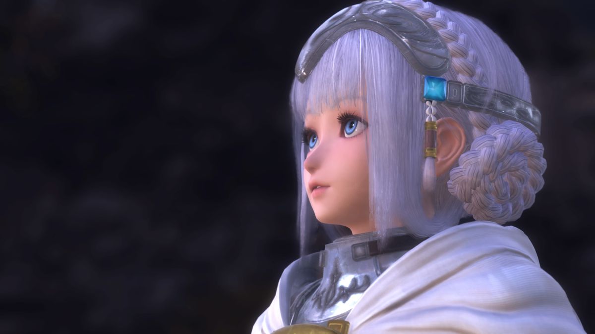 Laeticia, one of the playable characters in Star Ocean: The Divine Force, gazes into the distance against a black background