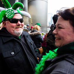 Otis and Pauline Day come out to see the Plumber’s Local Union 130 dye the Chicago River green in celebration of St. Patrick’s Day, Saturday, March 17th, 2018. | James Foster/For the Sun-Times