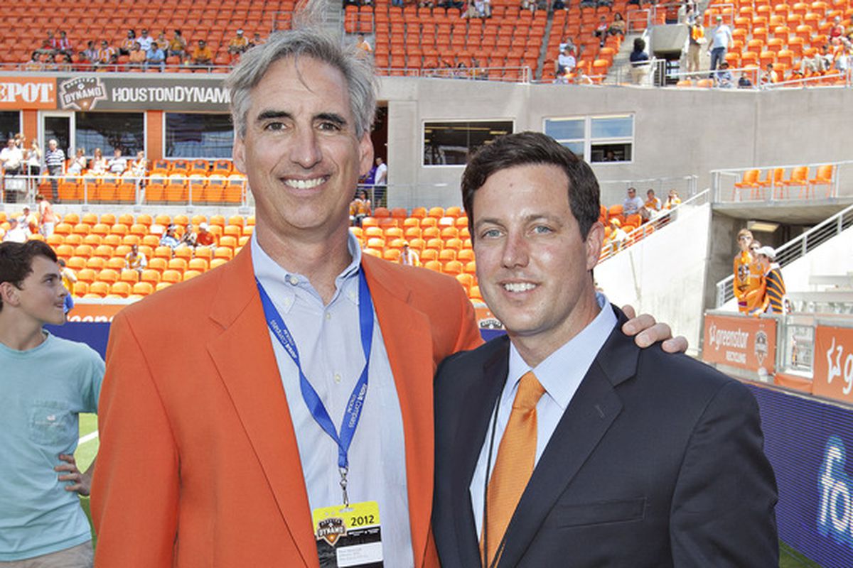 Oliver Luck (left) opening the Houston Dynamo's new stadium in 2012.
