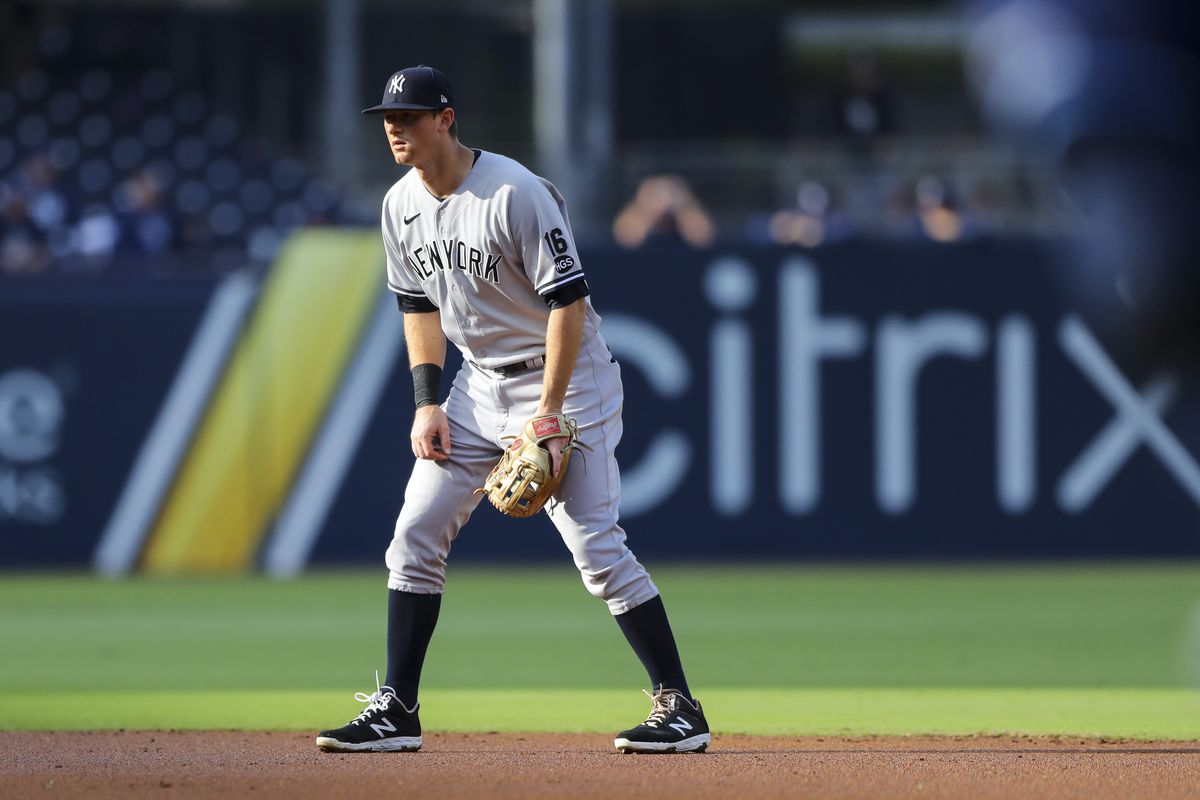 DJ LeMahieu #26 of the New York Yankees stands ready at second base during Game 5 of the ALDS between the New York Yankees and the Tampa Bay Rays at Petco Park on Friday, October 9, 2020 in San Diego, California.