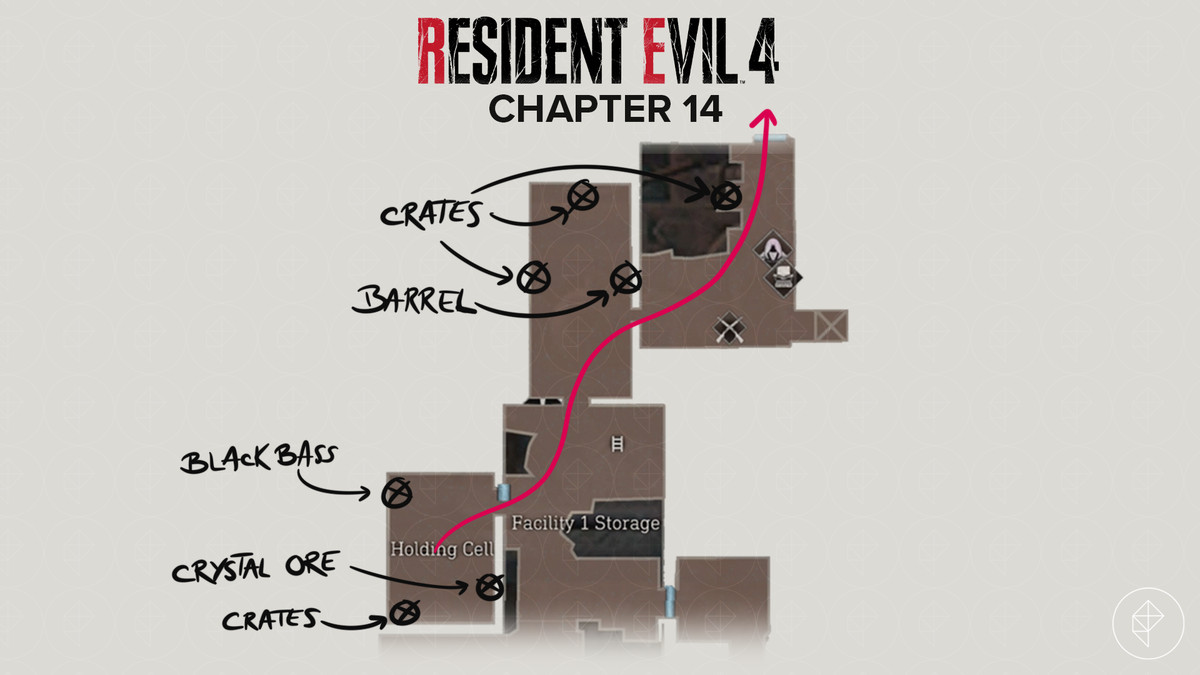 Resident Evil 4&nbsp;remake&nbsp;map of the path out of Facility 1 with items marked