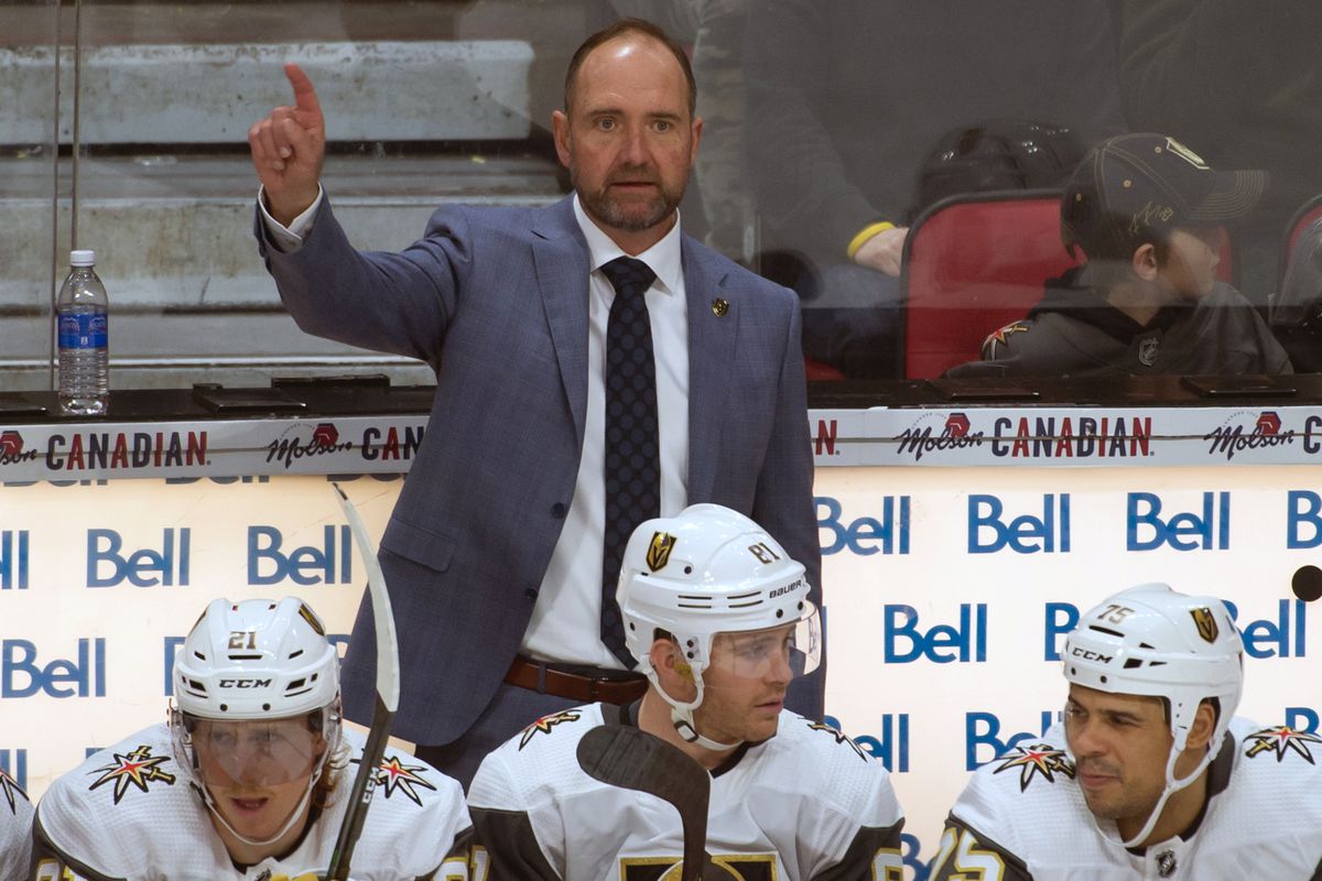 Jan 16, 2020; Ottawa, Ontario, CAN; Vegas Golden Knights head coach Peter DeBoer signals to his team on the ice in the third period against the Ottawa Senators at the Canadian Tire Centre.