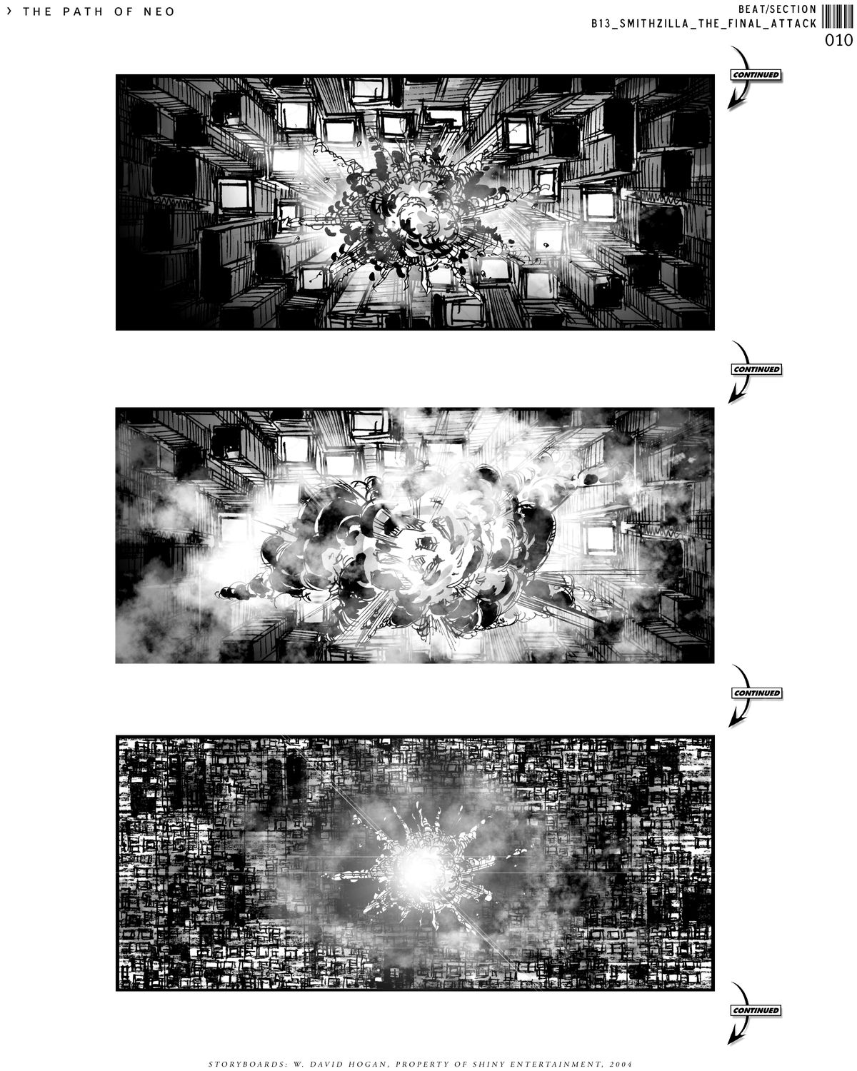 A trio of storyboards for Path of Neo depicting a massive explosion