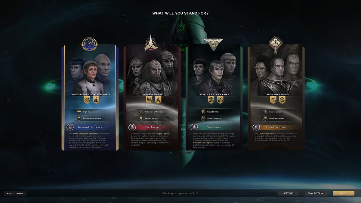 A screen shows the available factions that players can begin to expand across the galaxy with in Star Trek: Infinite
