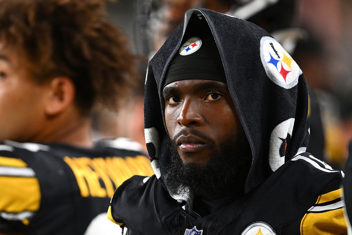 Diontae Johnson #18 of the Pittsburgh Steelers looks on during the third quarter of a preseason game against the Buffalo Bills at Acrisure Stadium on August 19, 2023 in Pittsburgh, Pennsylvania.