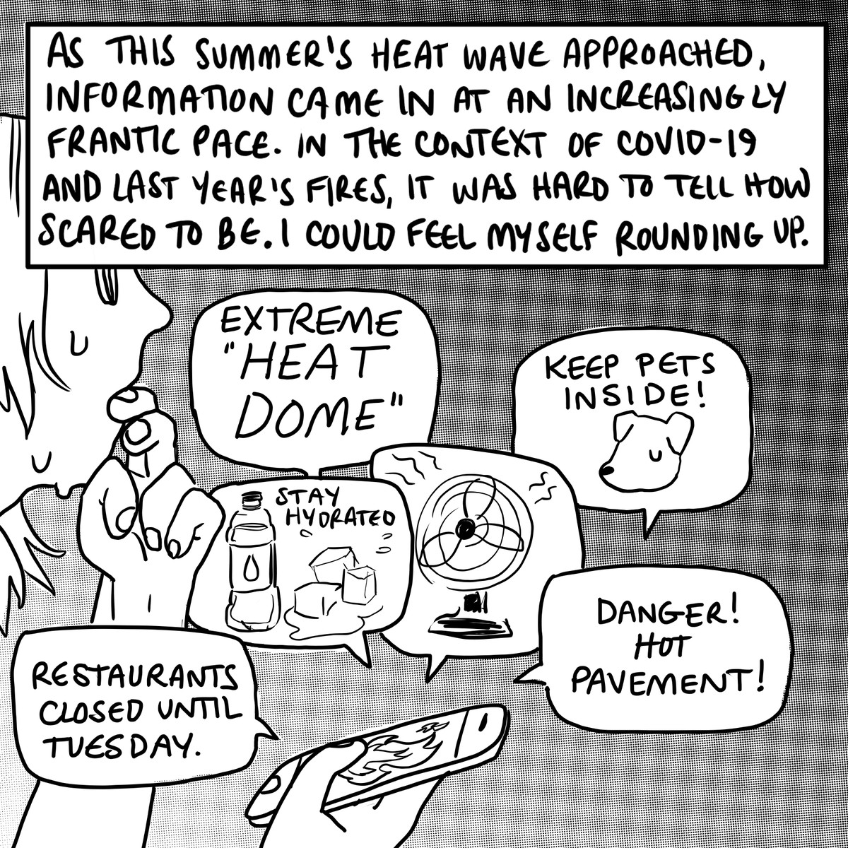 A person in profile holds a smartphone with flames on the screen. Word balloons explode out of the phone with messages including “extreme heat dome!” “Stay hydrated!” “Keep pets inside,” “Danger! Hot pavement!” Restaurants closed until Tuesday,” and a drawing of a fan.&nbsp;&nbsp;