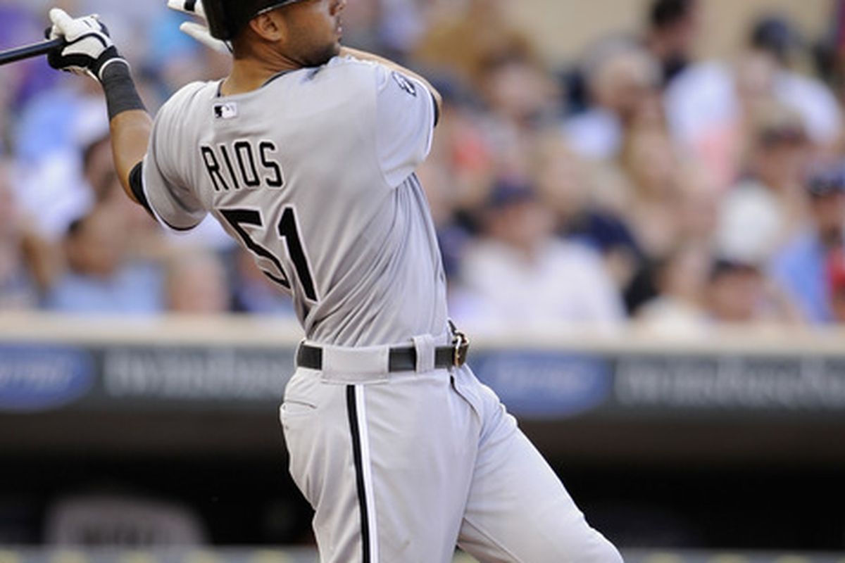 MINNEAPOLIS, MN - JUNE 26: Alex Rios #51 of the Chicago White Sox hits a two-run home run against the Minnesota Twins during the fourth inning on June 26, 2012 at Target Field in Minneapolis, Minnesota. (Photo by Hannah Foslien/Getty Images)