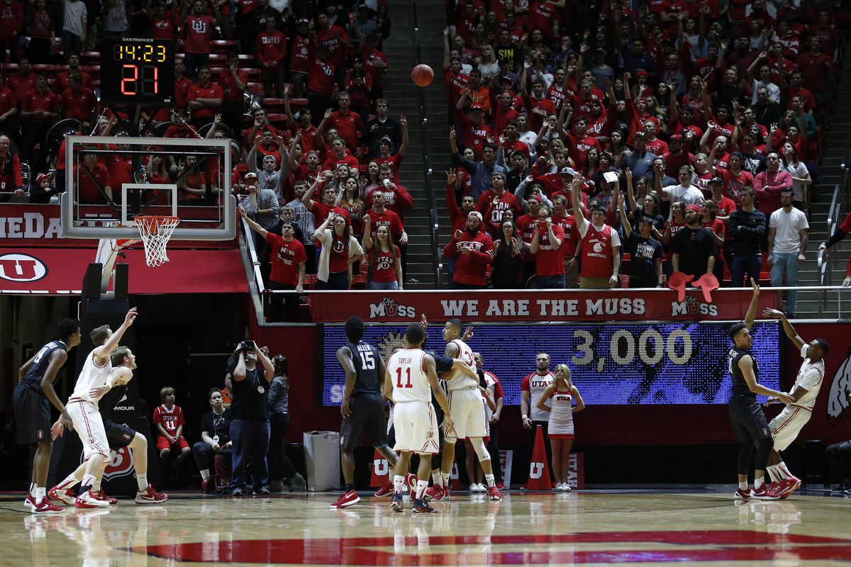 Dakari Tucker is fouled on a three point shot during Utah's big win over the Cardinal Saturday afternoon.