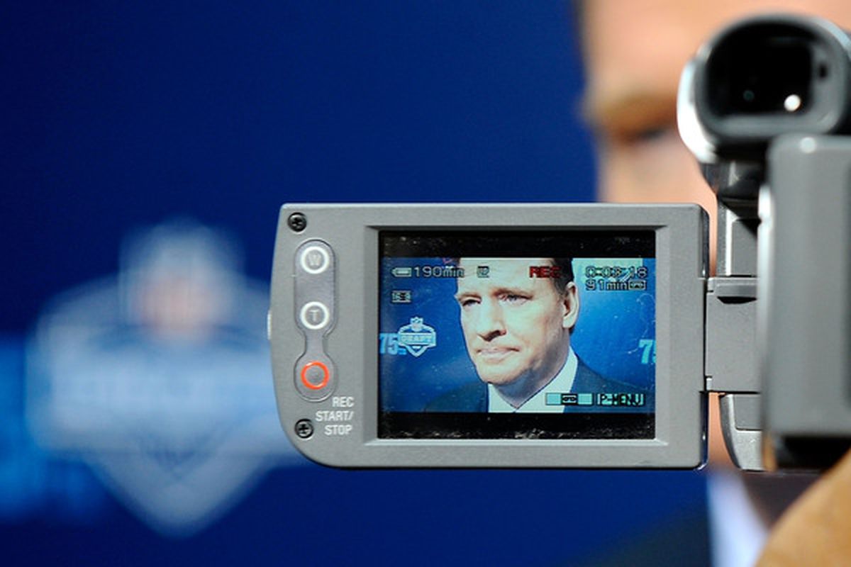A detail of  the likeness NFL Commissioner Roger Goodell on a video camera's screen as he is interviewed on the red carpet during the NFL Draft.  (Photo by Jeff Zelevansky/Getty Images)