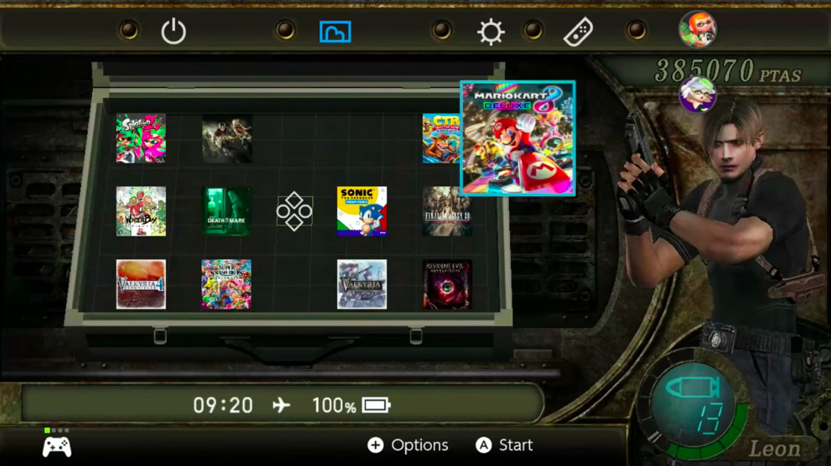 A screenshot of a Nintendo Switch homepage organized like it was the inventory of Resident Evil 4. 