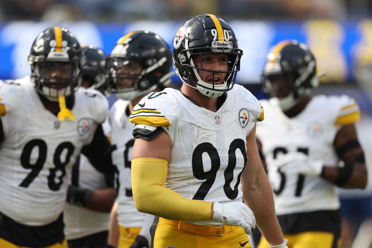 T.J. Watt #90 of the Pittsburgh Steelers reacts to a call during a 24-17 win over the Los Angeles Rams at SoFi Stadium on October 22, 2023 in Inglewood, California.
