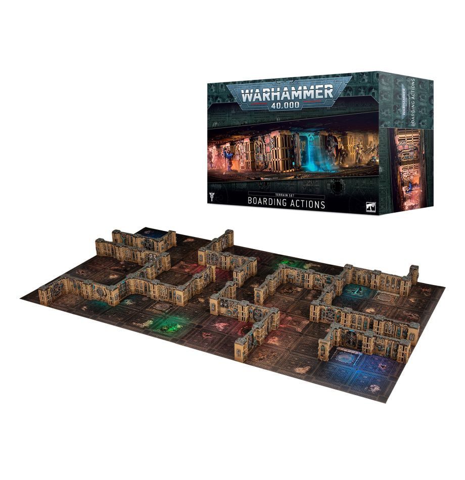 A box render and a fully painted set of terrain titles Warhammer 40,000 Boarding Actions features two cardboard mats and a collection of plastic terrain models after the interior of decrepit old spaceships.