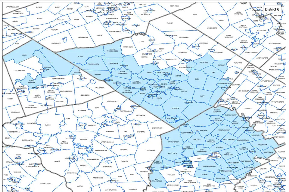A map of counties, each made up of dozens of voting precincts, with a few dozen shaded blue across three county lines.