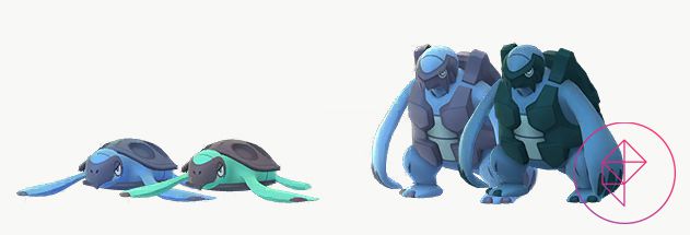 Shiny Tirtouga and Carracosta with their regular forms. Tirtouga becomes teal, whereas Carracosta becomes more of a blue-green.