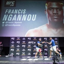 Francis Ngannou throws a punch at UFC 218 workouts.