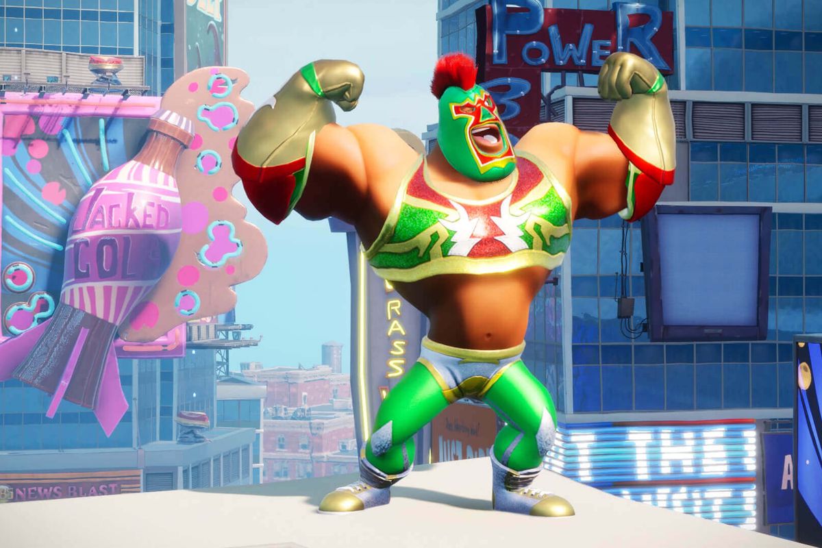 A garishly costumed pro wrestler flexes in Rumbleverse; he is wearing a gold crop top, green trunks, and a luchador mask that looks like a chicken’s head