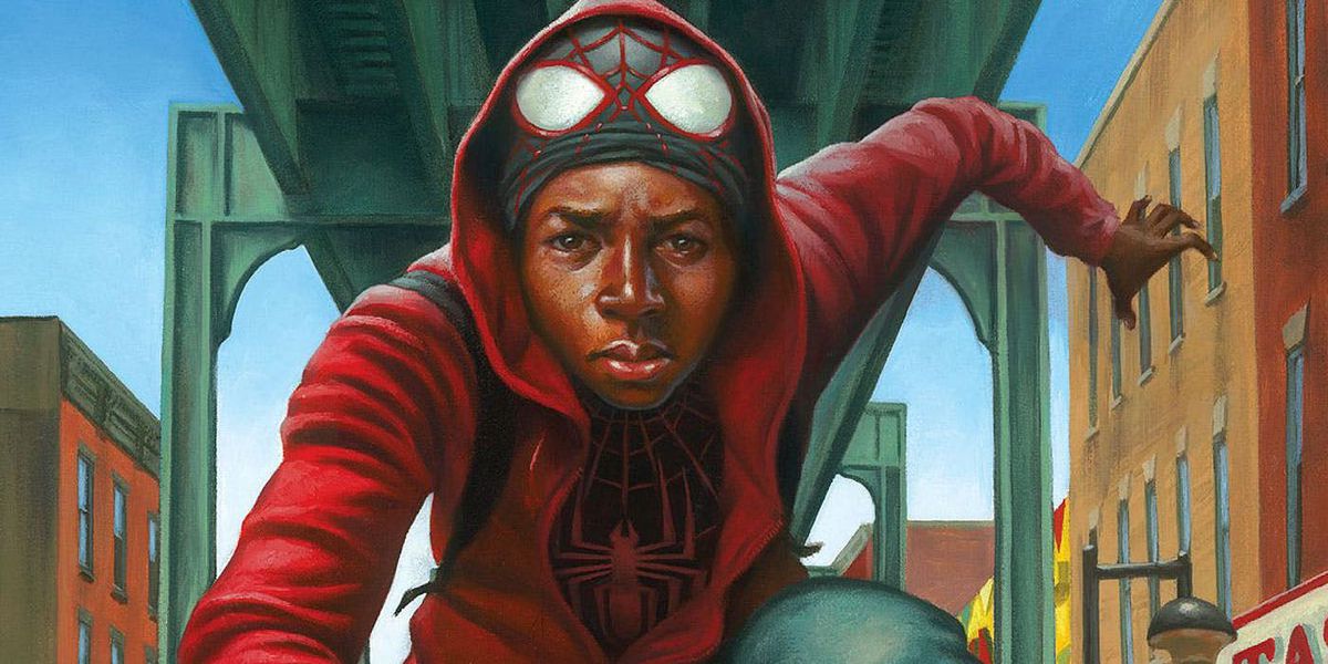A detail from a variant cover of Spider-Men II #1, with a frowning version of Miles Morales under the New York City train tracks, wearing his Spider-Man suit with the mask pulled up to reveal his face, and a red hoodie over the costume
