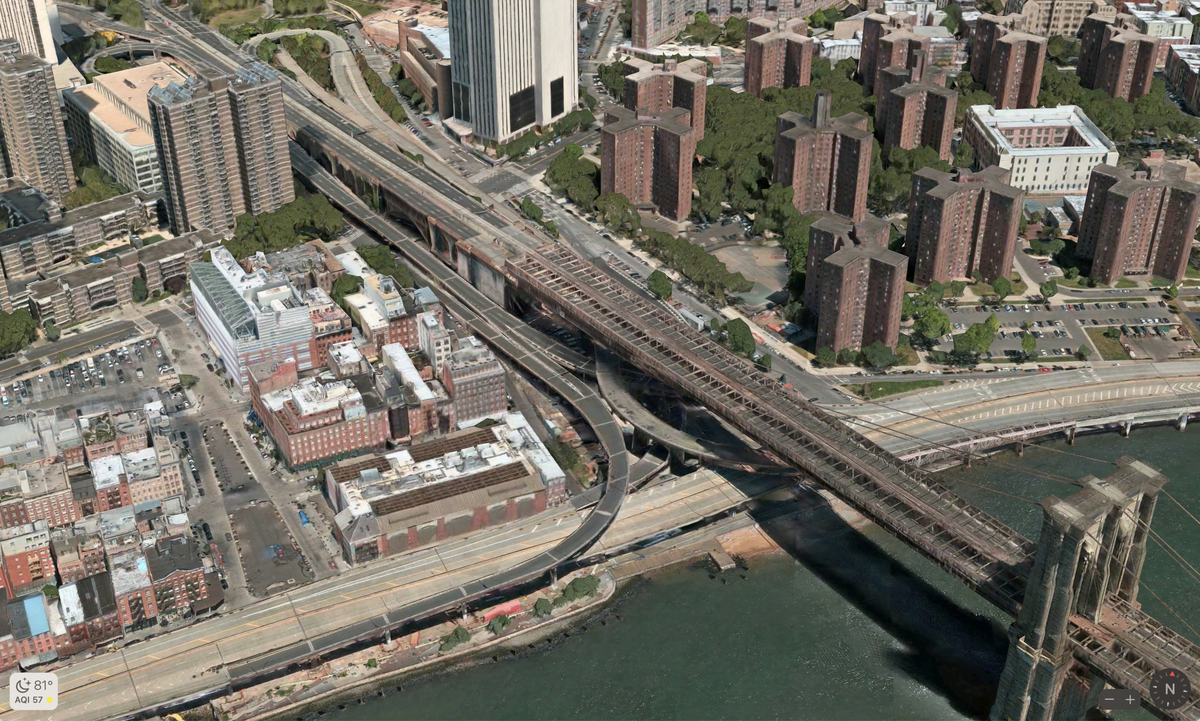 The Brooklyn Bridge and part of New York City as shown by Apple Maps.