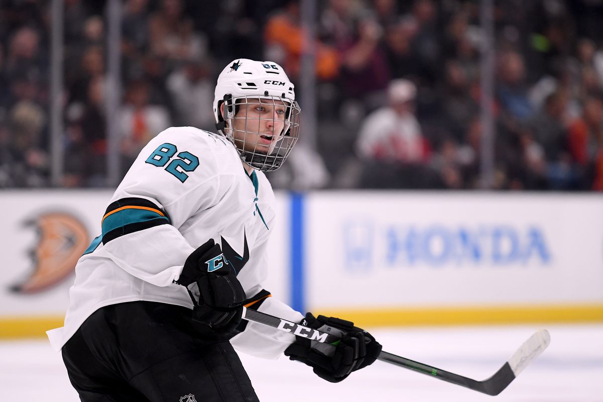 Ivan Chekhovich #82 of the San Jose Sharks skates during a 4-1 loss to the Anaheim Ducks in a preseason game at Honda Center on September 24, 2019 in Anaheim, California.