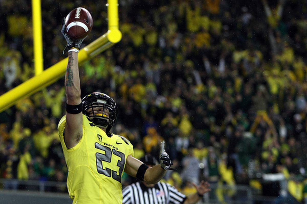 EUGENE OR - OCTOBER 21:  Jeff Maehl #23 of the Oregon Ducks celebrates scoring a touchdown against the UCLA Bruins  on October 21 2010 at the Autzen Stadium in Eugene Oregon.  (Photo by Jonathan Ferrey/Getty Images)