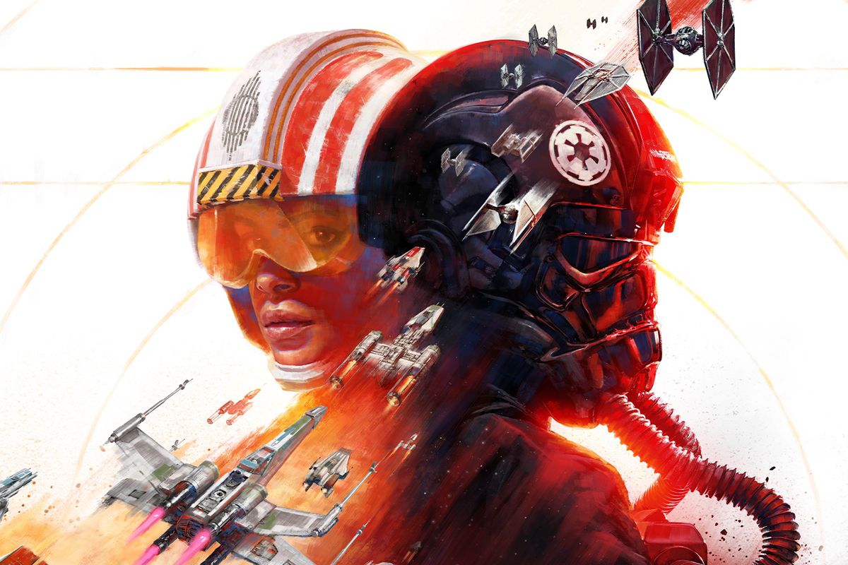artwork of a Rebel pilot and an Imperial pilot, with a variety of starfighters, from Star Wars: Squadrons