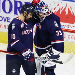 The UConn Huskies take on the Sacred Heart Pioneers in a men’s college hockey game at Webster Bank Arena in Bridgeport, CT on October 5, 2019.