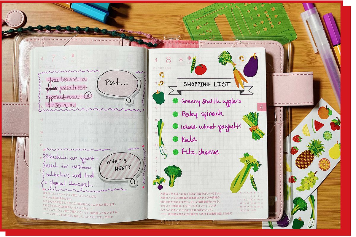 An open planner with a written list of items and assorted stickers of fruits and vegetables.