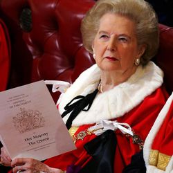 In this Nov. 15, 2006 file photo, former British Prime Minister Margaret Thatcher sits in the House of Lords awaiting the Queen's speech during the State Opening of Parliament in London, Wednesday, Nov. 15, 2006. Thatcher's former spokesman, Tim Bell, said the former prime minister, known to both friends and foes as "The Iron Lady," died of a stroke Monday morning, April 8, 2013. She was 87. 