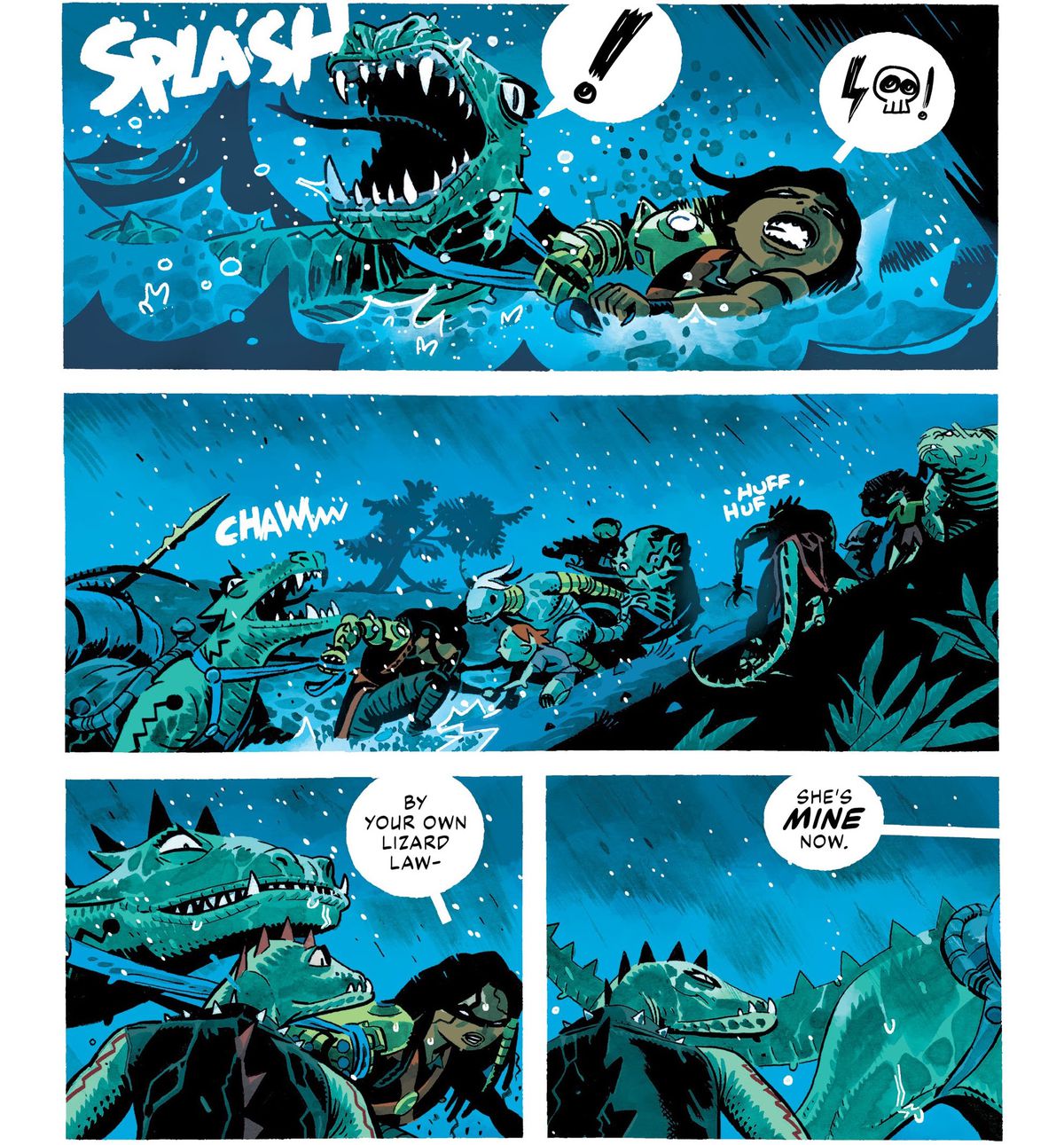 Kaya drags a lizard steed out of a rushing river with great effort. “By your own lizard law,” she growls at a pissed off lizard man, “she’s mine now,”  in Kaya #2 (2022).