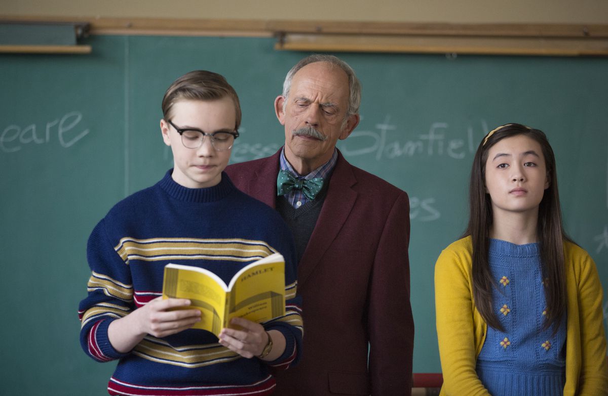 Charlie Plummer as Timmy Sanders, Christopher Lloyd as Professor Hargraves and Malia Tyler as Madeline Andrews in a scene from "Granite Flats."