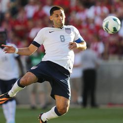Clint Dempsey (8) of the U.S. tries to head in a goal as the United States and Honduras play Tuesday, June 18, 2013 at Rio Tinto Stadium. USA beat Honduras 1-0.