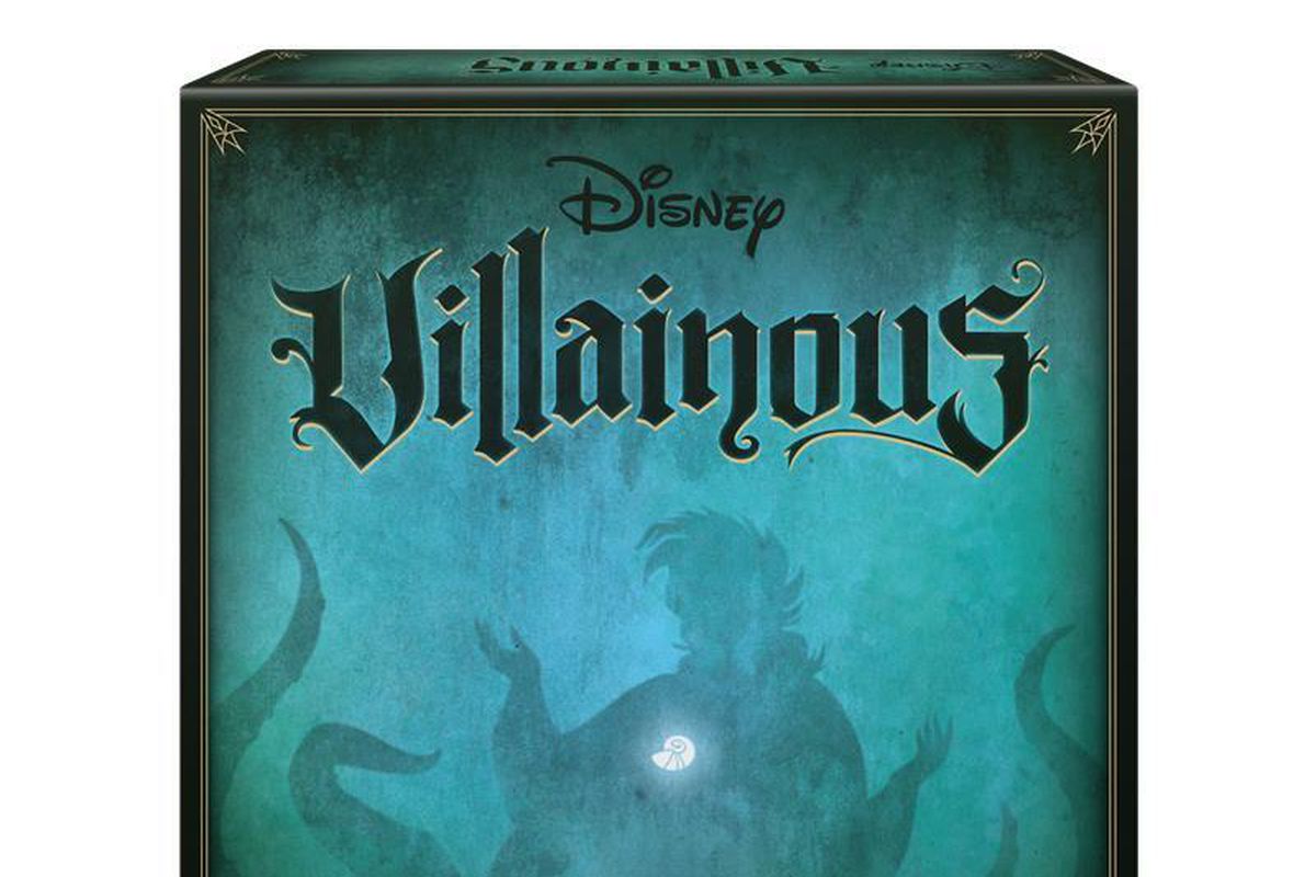 The box of the Disney Villainous: Introduction to Evil board game, in a teal color and featurin ghte silhouette of Ursula from The Little Mermaid