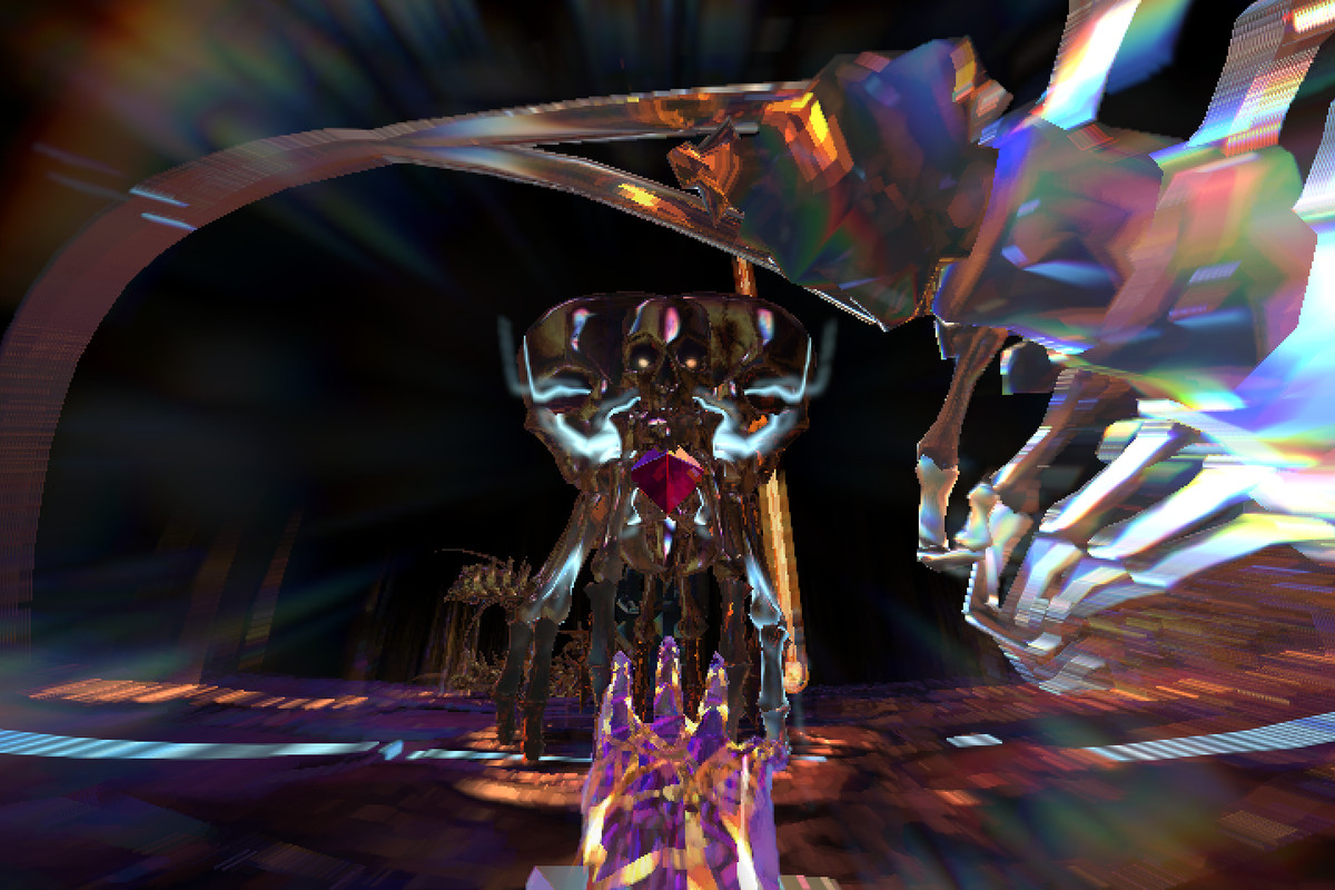 A screenshot of a player firing at a floating demon enemy in Hyper Demon.