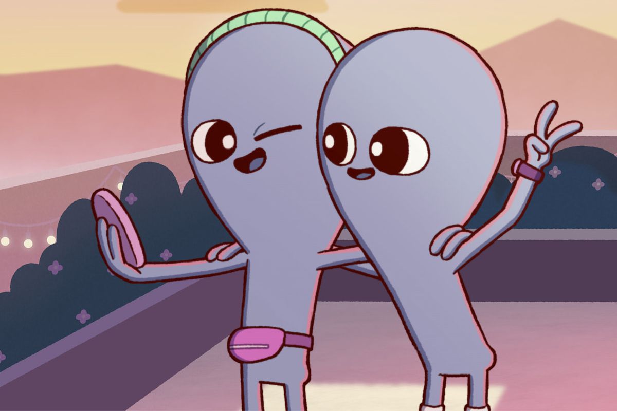 Two sexless, vaguely anthropomorphic alien beings with big heads, huge eyes, and their arms around each other take a selfie while winking and grinning in the animated series Strange Planet