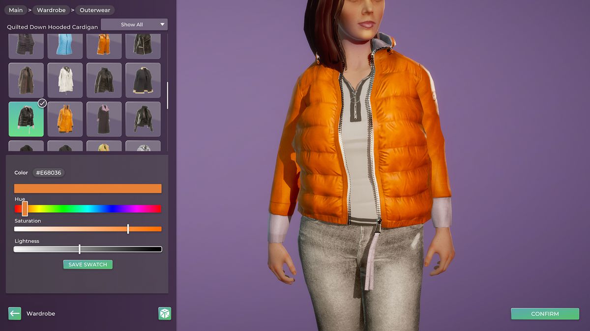 A Character customization screen in Life By You, in which the player is changing the tone of a winter jacket on the character