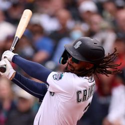 J.P. Crawford #3 of the Seattle Mariners at bat against the Los Angeles Angels during the ninth inning at T-Mobile Park on April 05, 2023 in Seattle, Washington.
