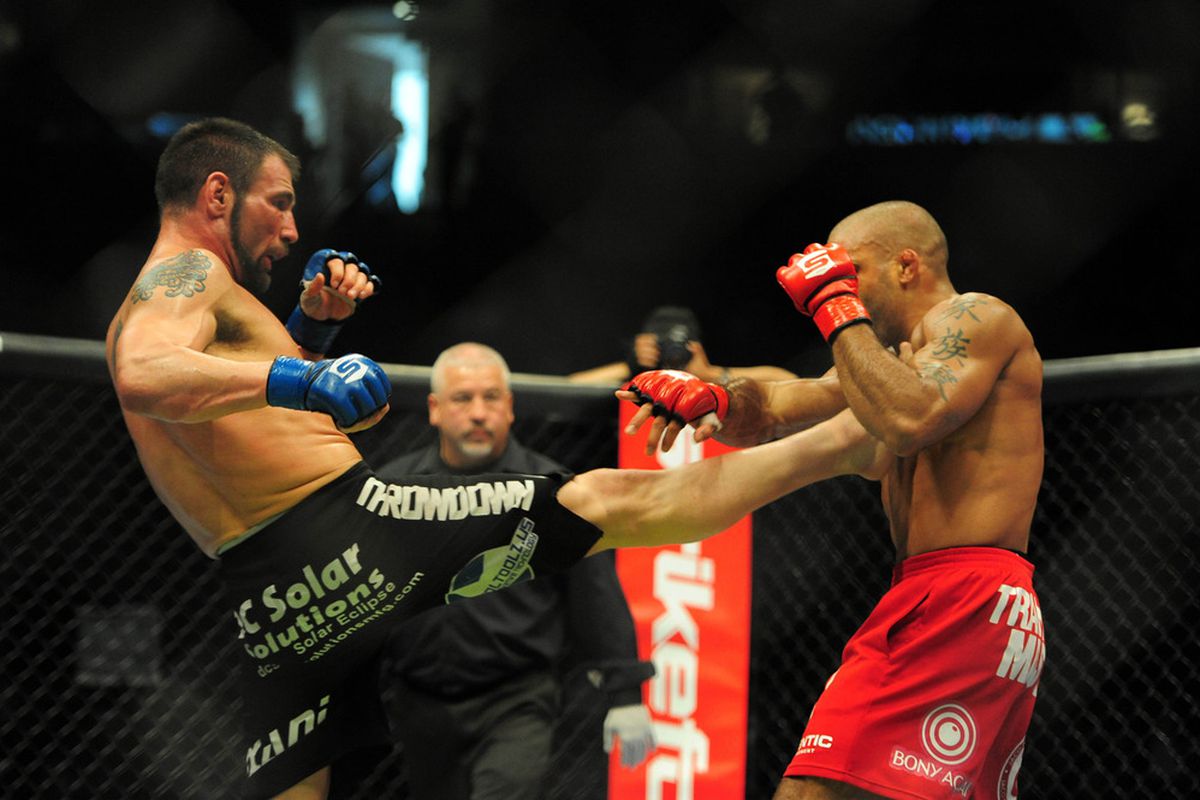 May 19, 2012; San Jose, CA, USA; Gesias Cavalcante (right) fights Isaac Vallie-Flagg (left) during the lightweight bout of the Strikeforce World Grand Prix at HP Pavilion.  Mandatory Credit: Kyle Terada-US PRESSWIRE