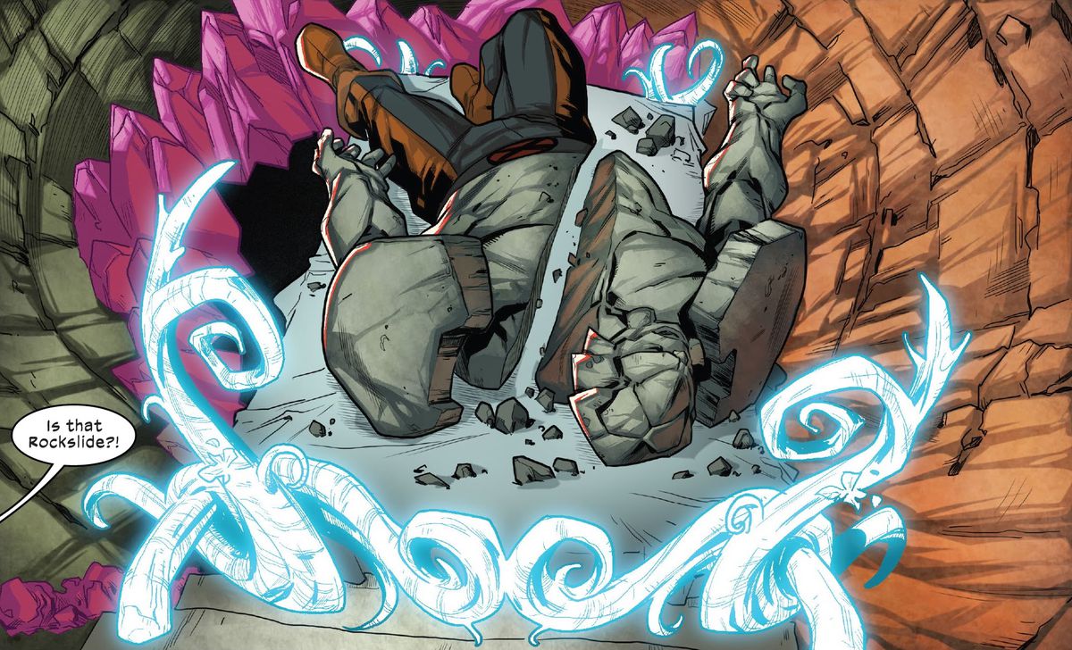 The body of the stony mutant Rockslide, lying on a stretcher, bisected from shoulder to hip, in X-Factor #4, Marvel Comics (2020). 